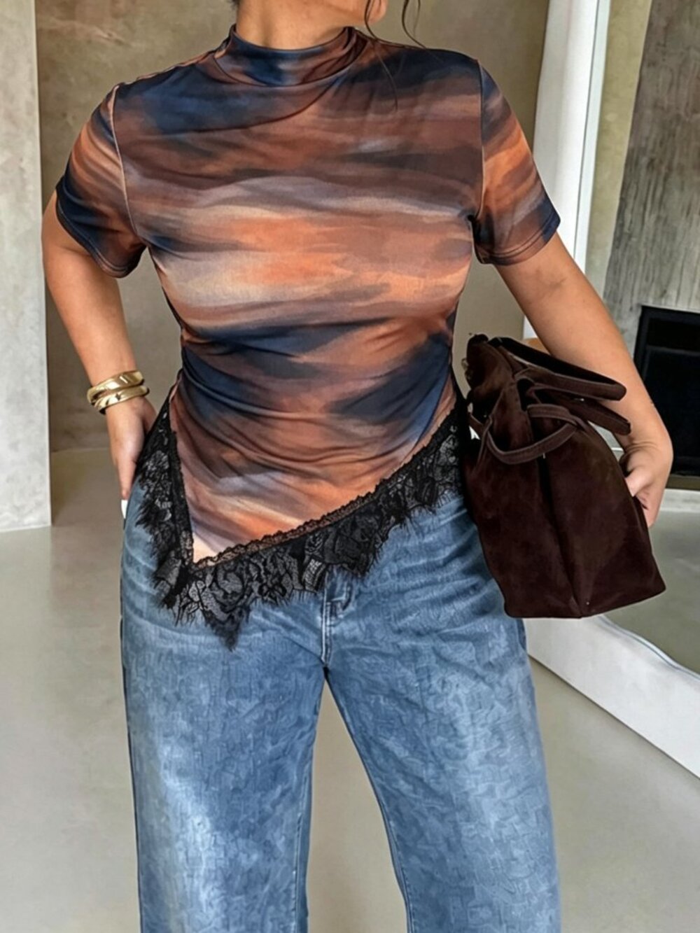 Multicolor Casual Women's Pattern Print Plus Size Short Sleeve Lace T-Shirt